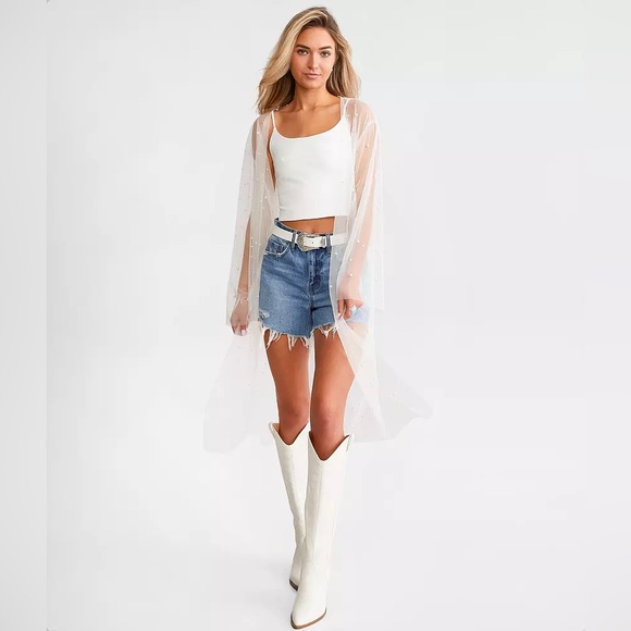 NWT GeeGee Clothing Faux Pearl Mesh Duster Cardigan Ivory Size S / M - Picture 1 of 4